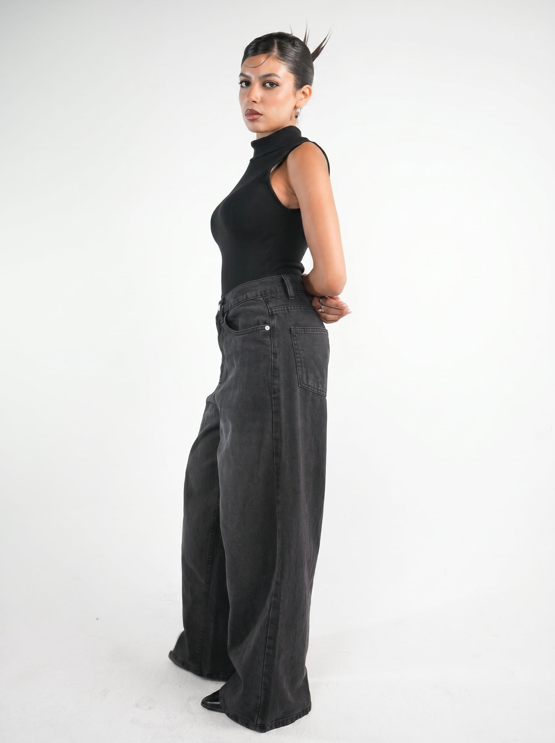 Washed black baggy denim
